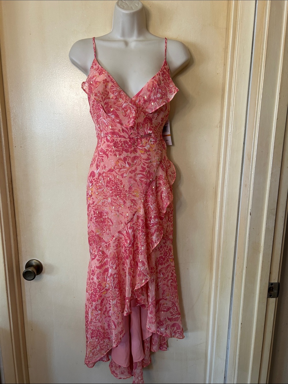 MSK Pink Floral High-Low Ruffle Slip Dress size SP